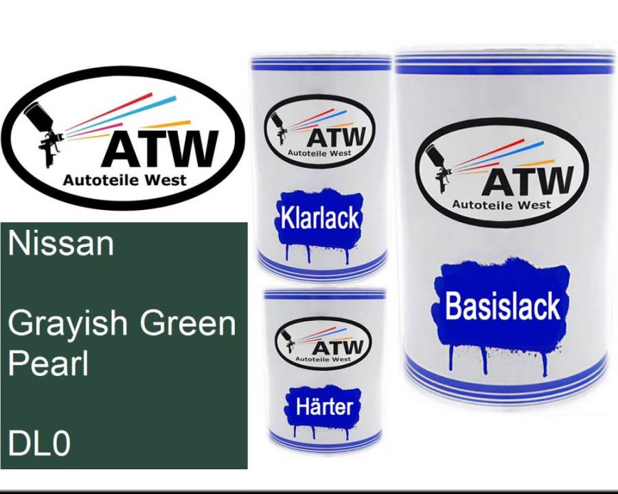 Nissan, Grayish Green Pearl, DL0: 500ml Lackdose + 500ml Klarlack + 250ml Härter - Set, von ATW Autoteile West.